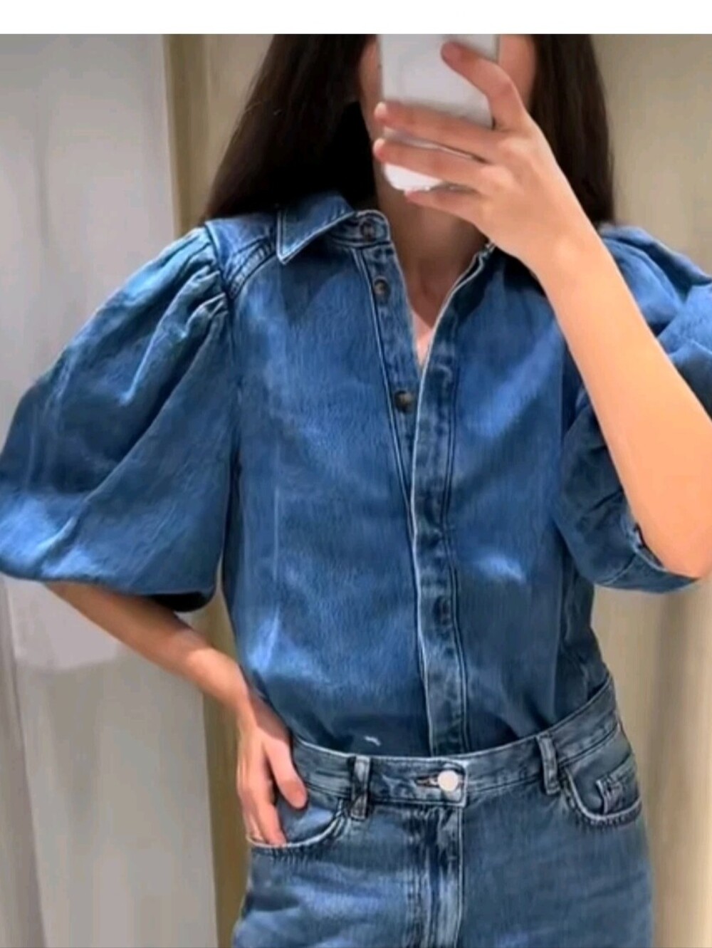 Sz S M Zara ZW COLLECTION DENIM PUFF SLEEVE BLOUSE BLUE 5216/053 NWT